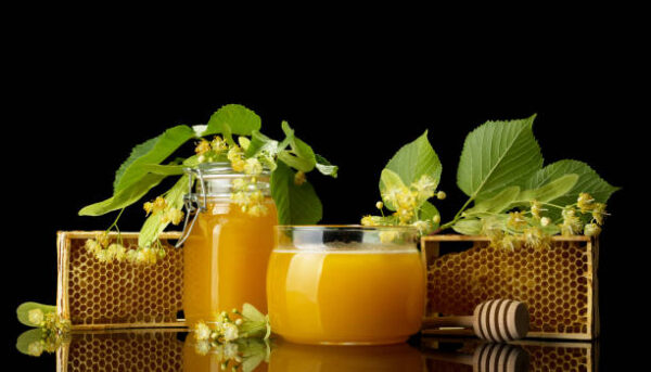 Two glass jars with honey and blossom of linden isolated on black background